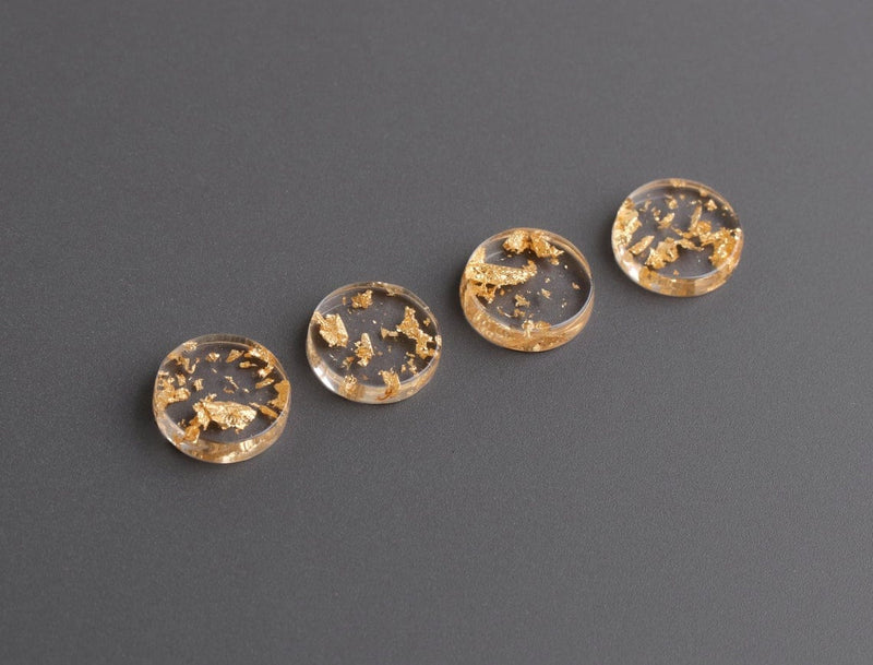 4 Clear Acrylic Flatbacks with Gold Leaf Foil Flakes, 3mm Thick, Small Undrilled Cabochon Blanks, 12mm