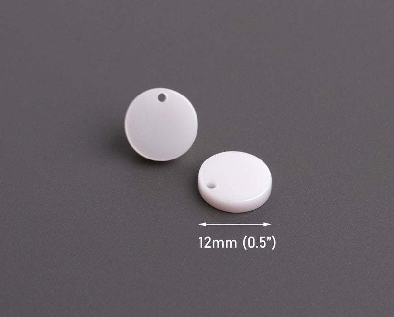 4 Pearlized Charms with 1 Hole, Pearl White Circle Dangles, Cellulose Acetate, 12mm