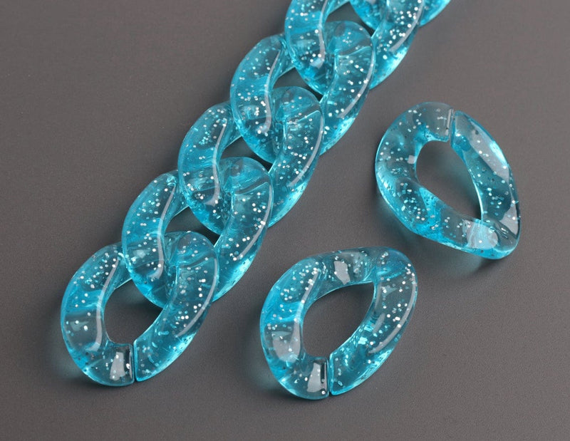 1ft Large Glitter Acrylic Chain in Ice Blue, 30mm, Transparent Lucite, Sparkly