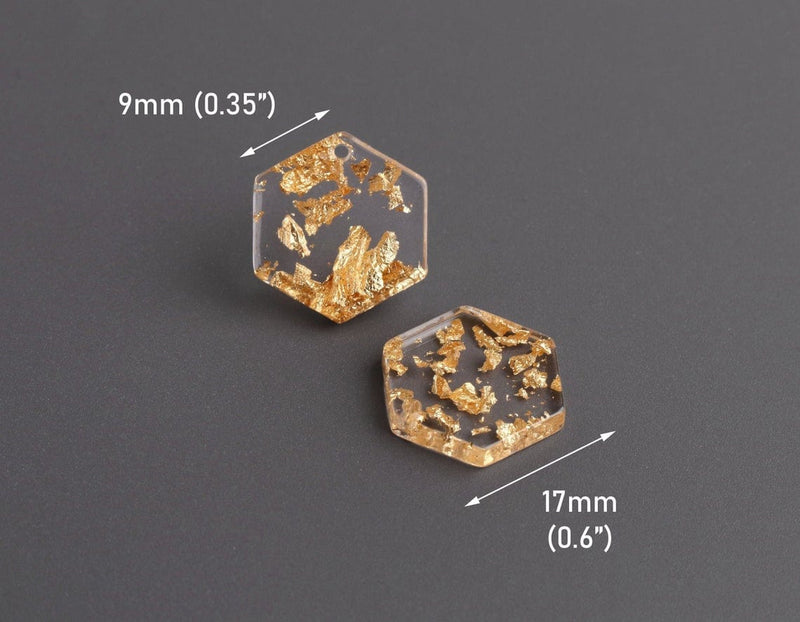 4 Small Hexagon Charms with Gold Leaf Foil Flakes, Transparent, Geometric, Crystal Clear Acrylic Beads, 17 x 15mm