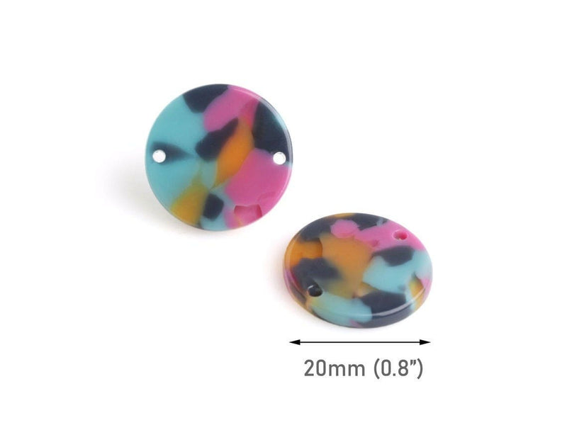 4 Round Circle Links with 2 Holes, Multicolored Beads in Blue, Pink and Yellow, Acetate, 20mm