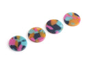 4 Round Circle Links with 2 Holes, Multicolored Beads in Blue, Pink and Yellow, Acetate, 20mm