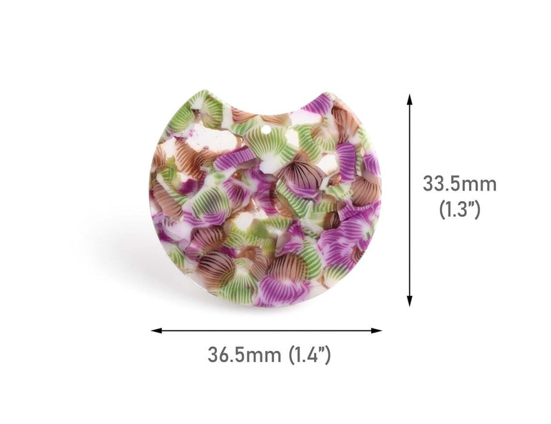 2 Half Moon Charms with Purple, Green and White Floral Patterns, Colorful Stripes, Cellulose Acetate, 36.5 x 33.5mm