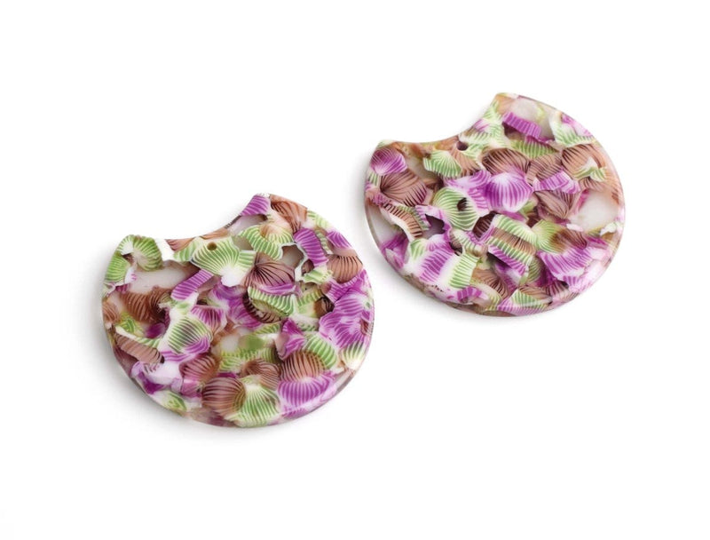 2 Half Moon Charms with Purple, Green and White Floral Patterns, Colorful Stripes, Cellulose Acetate, 36.5 x 33.5mm