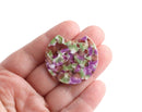 2 Half Moon Charms with Purple, Green and White Floral Patterns, Colorful Stripes, Cellulose Acetate, 36.5 x 33.5mm