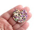 2 Semi Circle Pendants with Colorful Floral Patterns, Green, Purple, Yellow and White, Large Plastic Beads, Cellulose Acetate, 36.5 x 33.5mm