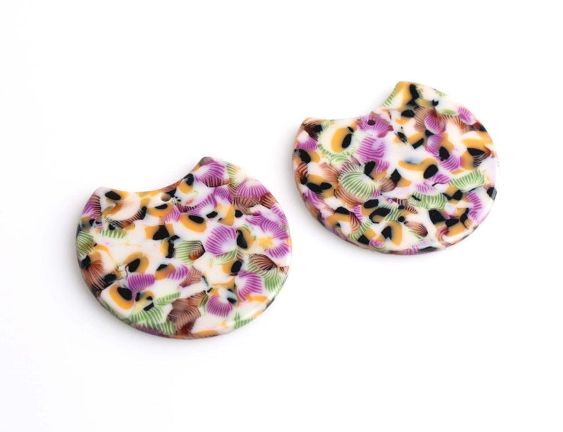 2 Semi Circle Pendants with Colorful Floral Patterns, Green, Purple, Yellow and White, Large Plastic Beads, Cellulose Acetate, 36.5 x 33.5mm