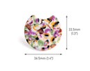2 Semi Circle Pendants with Colorful Floral Patterns, Green, Purple, Yellow and White, Large Plastic Beads, Cellulose Acetate, 36.5 x 33.5mm