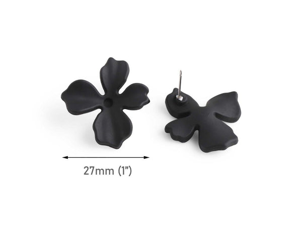 Matte Black Flower Stud Earring Findings, 1 Pair, Big Stud Earring Making Parts with Posts, Acrylic, 28.5 x 27mm