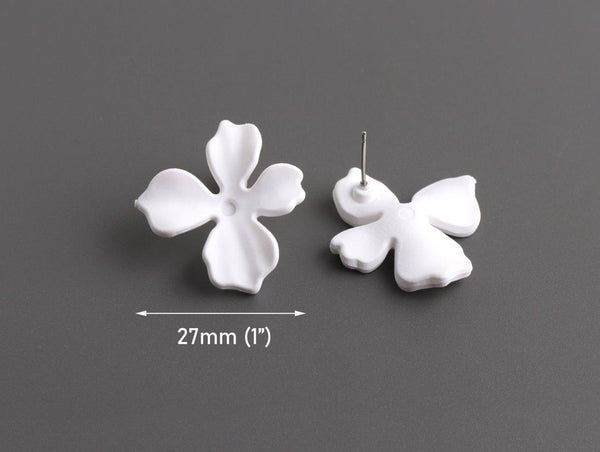 Matte White Flower Stud Earring Findings, 1 Pair, Ear Studs with Posts for Jewelry Making, Plastic Acrylic, 28.5 x 27mm