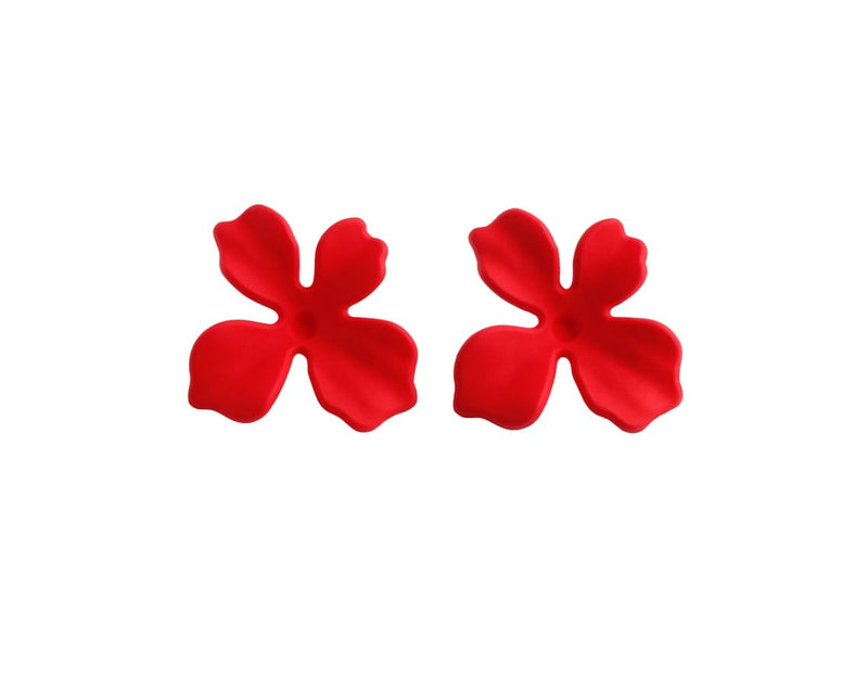 Matte Red Flower Stud Earring Findings, 1 Pair, Ear Studs with Metal Alloy Posts, Christmas Red Poinsettia, 28.5 x 27mm