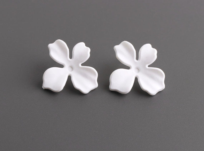 Matte White Flower Stud Earring Findings, 1 Pair, Ear Studs with Posts for Jewelry Making, Plastic Acrylic, 28.5 x 27mm