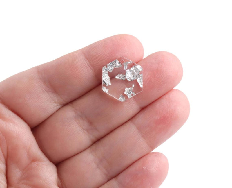 4 Small Hexagon Charms with Silver Leaf Foil Flakes, Transparent, Geometric, Crystal Clear Acrylic Beads, 17 x 15mm