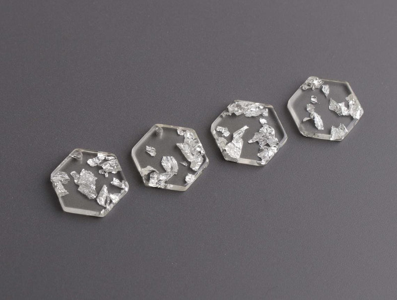 4 Small Hexagon Charms with Silver Leaf Foil Flakes, Transparent, Geometric, Crystal Clear Acrylic Beads, 17 x 15mm