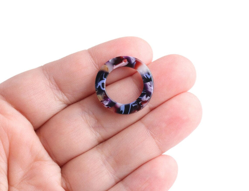 4 Small Ring Charms in Blue Jean Marble, Round Circle Links with 1 Hole, Acetate, 20mm