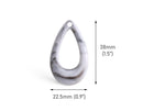 4 Teardrop Charms in Marbled White and Grey, Rounded Links for Earrings and Macrame, Acrylic, 38 x 22.5mm