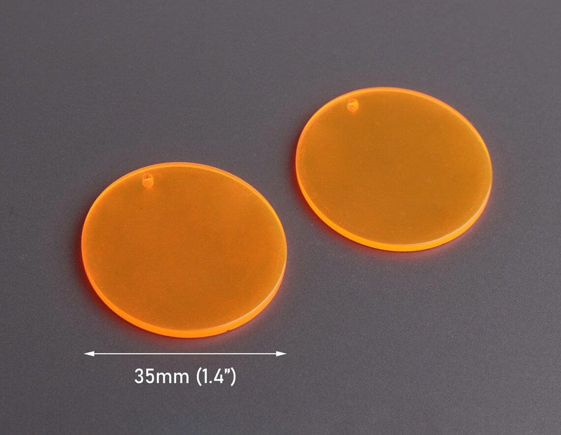 4 Neon Orange Round Plsatic Charms, 1 Hole, Transparent, Acrylic, 35mm