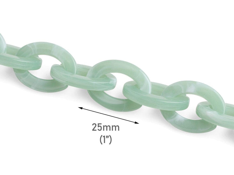 1ft Succulent Green Acrylic Chain Links, 25mm, Flat Oval Cable, Light Pastel Colored