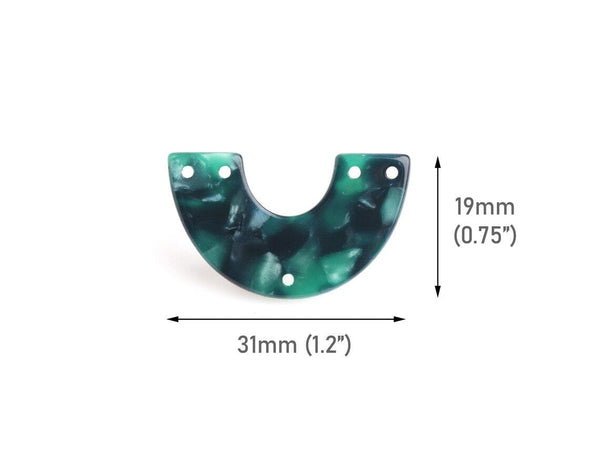 2 Arch Charm Links in Dark Green Marble, 5 Holes, Large Geometric Connectors, Acetate Plastic, 31 x 19mm