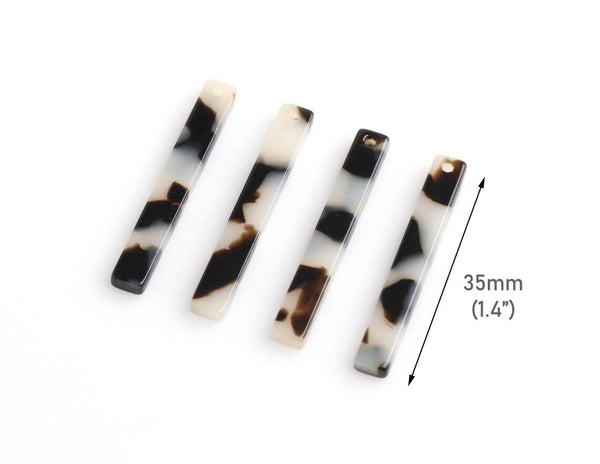 4 Thin Bar Charms in White and Black Marble, 1 Hole, Flat Rectangle Sticks for Earrings, 35 x 4.25mm
