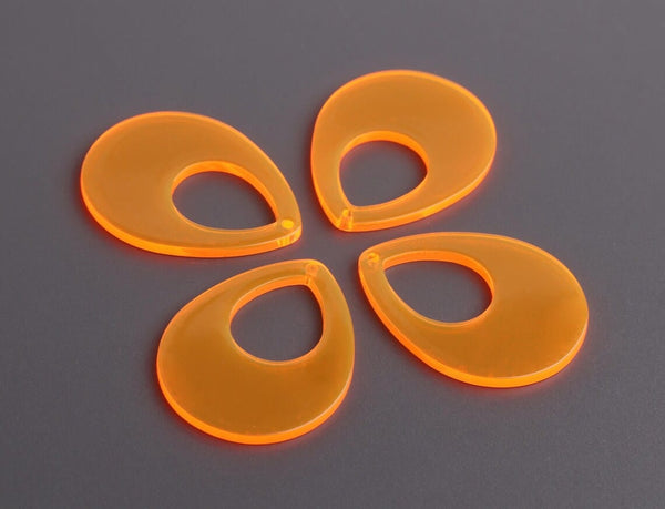 4 Neon Orange Teardrop Pendants, Retro and Fluorescent, Acrylic, 38 x 30mm
