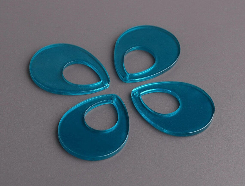 4 Transparent Blue Teardrop Pendants, Big Geometric Beads, Acrylic, 38 x 30mm