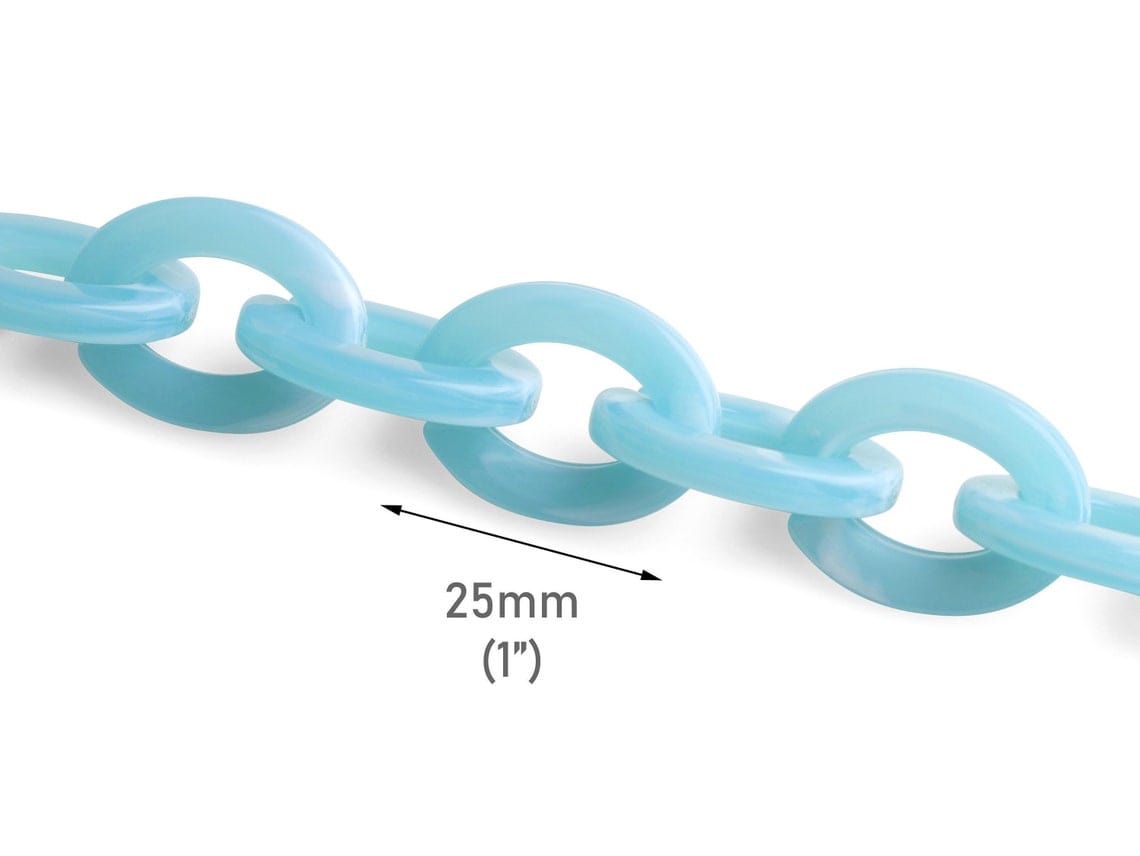 1ft Glacier Blue Acrylic Chain Links, 25mm, Light Blue Marble, Flat Ov
