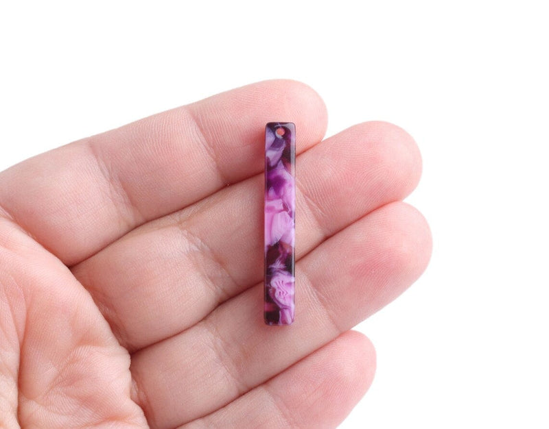 4 Thin Bar Charms in Dark Purple Marble, Straight and Vertical Sticks, Cellulose Acetate, 35 x 5.25mm