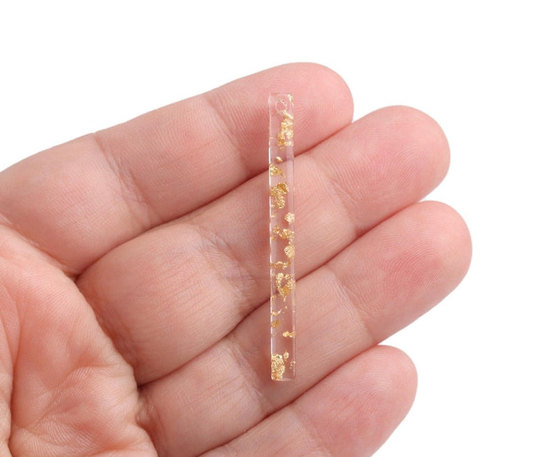 4 Long Charms Sticks with Gold  Foil Flakes, Transparent, Crystal Clear Acrylic Beads, Extra Thin, Designer Charms, 45 x 4mm