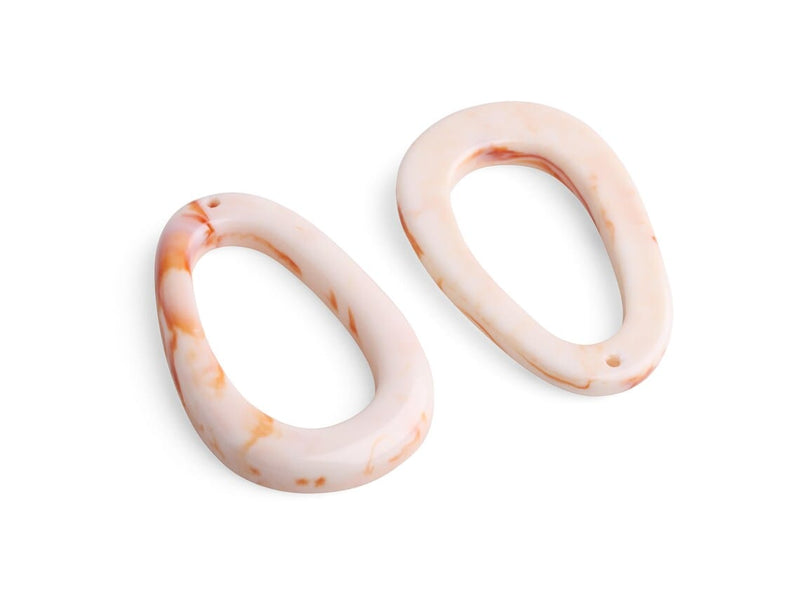 2 White Oval Hoop Beads with Caramel Brown Marbling, Big Chunky Loop Beads, Acrylic, 49 x 32mm