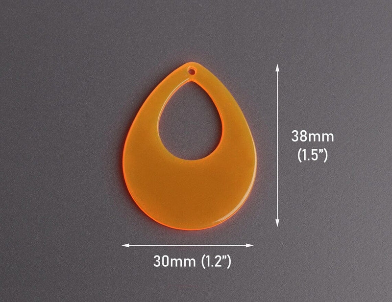 4 Neon Orange Teardrop Pendants, Retro and Fluorescent, Acrylic, 38 x 30mm