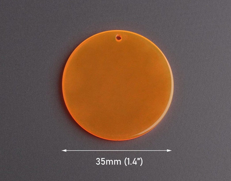4 Neon Orange Round Plsatic Charms, 1 Hole, Transparent, Acrylic, 35mm