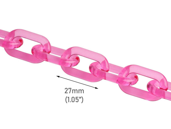 1ft Hot Pink Chain Links, 27mm, Transparent Acrylic, Oval Paperclip Connectors