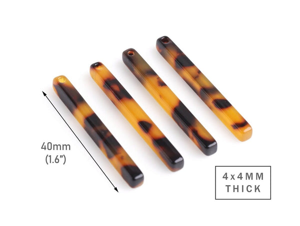 4pcs Thick Bar Blanks in Classic Tortoiseshell, Long Sticks, Four Sided Cube Rectangle, Cellulose Acetate, 40mm x 4mm