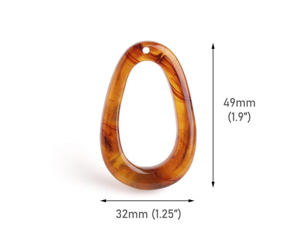 2 Amber Tortoise Shell Oval Hoop Beads, Large Ring Loops for Macrame and Earrings, Acrylic, 49 x 32mm