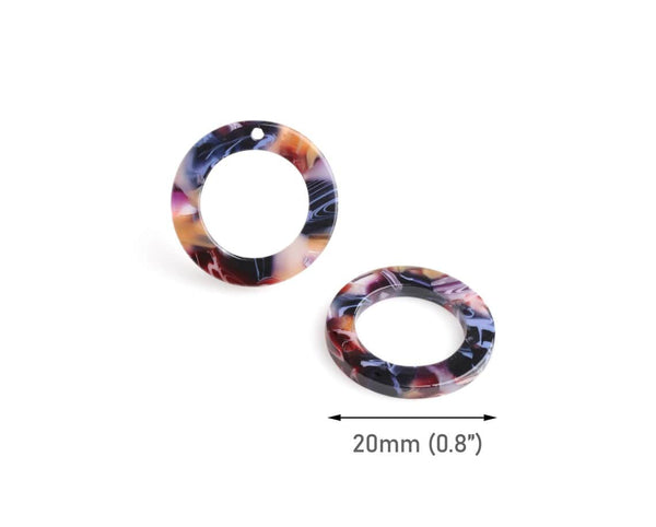 4 Small Ring Charms in Blue Jean Marble, Round Circle Links with 1 Hole, Acetate, 20mm