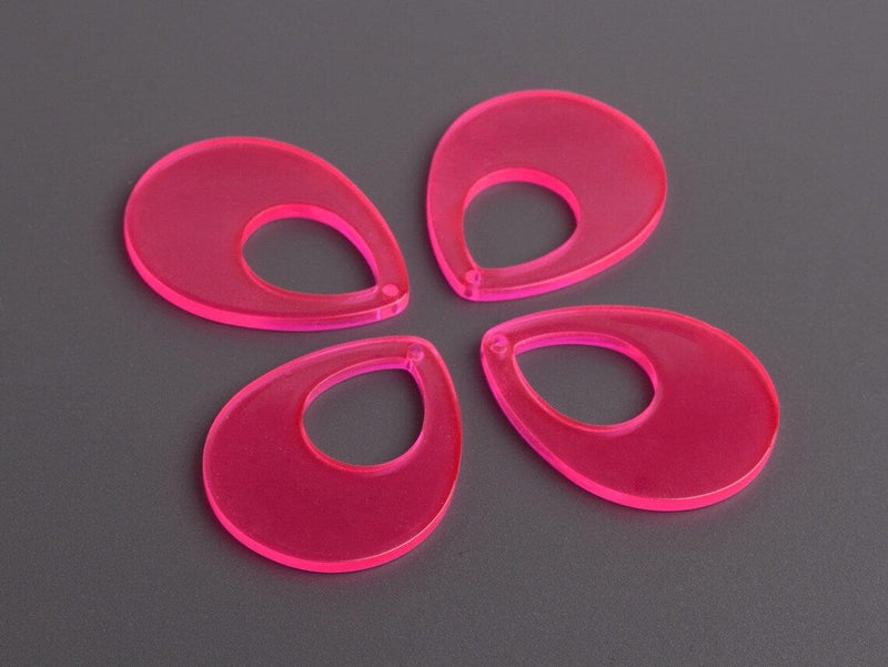 4 Neon Pink Teardrop Pendants, Transparent Earring Drops, Acrylic, 38 x 30mm