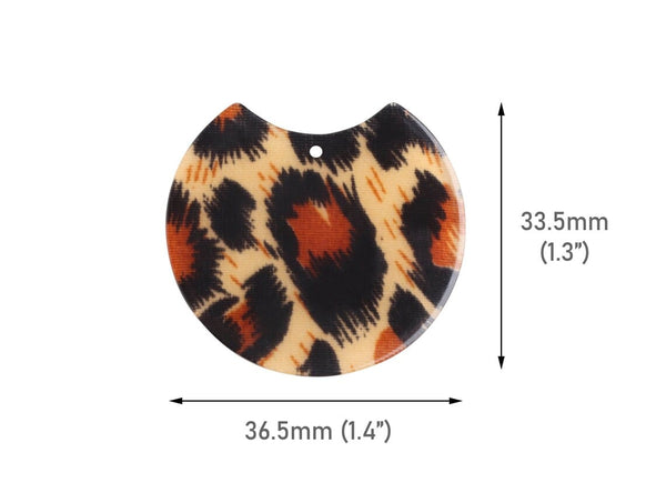 2 Leopard Print Charms, Half Circle Pendants, Geometric, Patterned Acrylic, 36.5 x 33.5mm