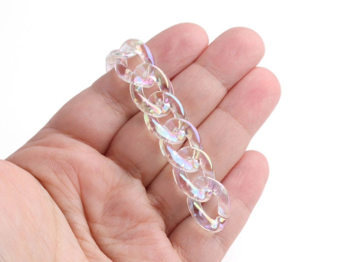 1ft Opal Clear Plastic Chain Links, 19mm, Transparent and Iridescent,