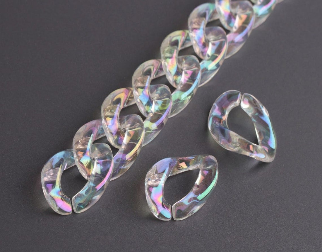 1ft Opal Clear Plastic Chain Links, 19mm, Transparent and Iridescent,