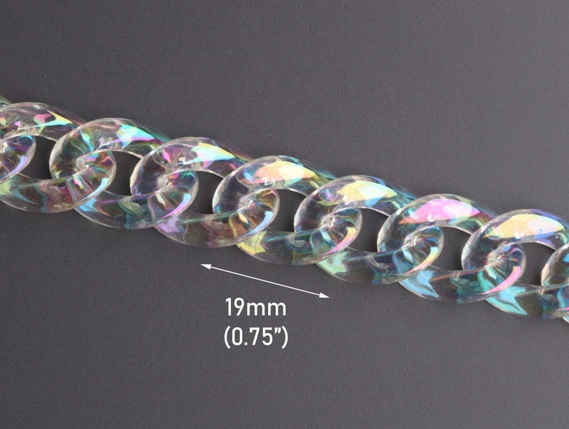 1ft Opal Clear Plastic Chain Links, 19mm, Transparent and Iridescent, Small Curb Twists