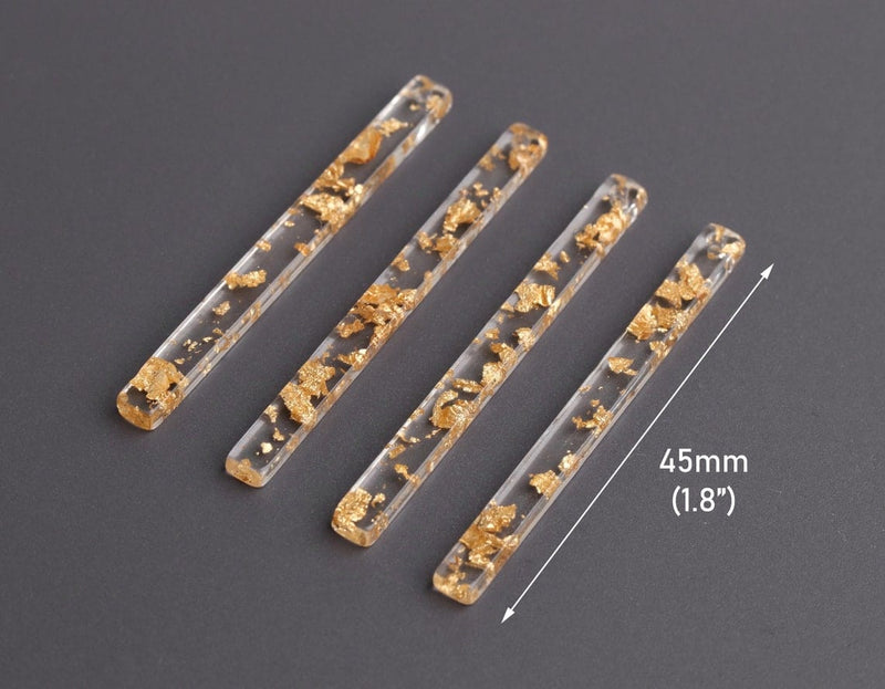 4 Long Charms Sticks with Gold  Foil Flakes, Transparent, Crystal Clear Acrylic Beads, Extra Thin, Designer Charms, 45 x 4mm