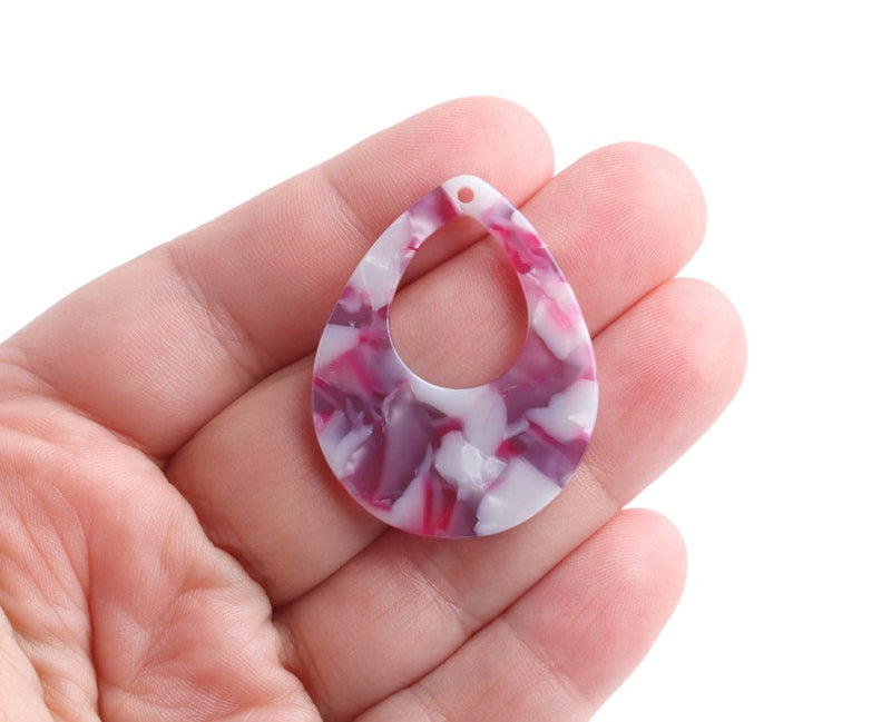 4 Teardrop Charms in Pearl White with Pink and Purple, Acetate, 38 x 30mm