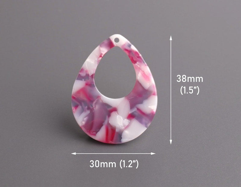 4 Teardrop Charms in Pearl White with Pink and Purple, Acetate, 38 x 30mm