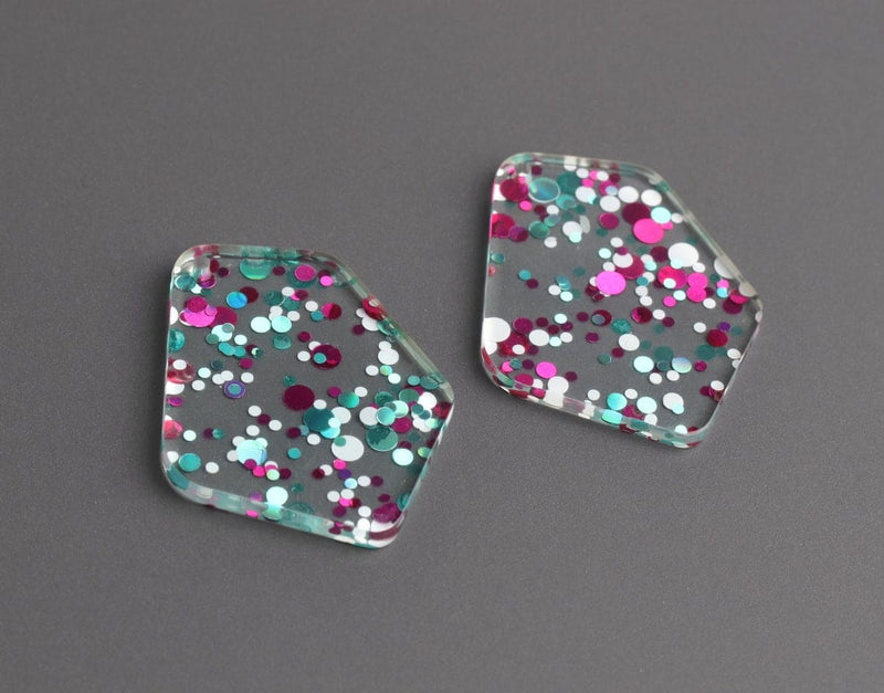 2 Geometric Charms in Music Festival, Green Teal, Pink and White, Multicolored Confetti Dots, Clear Acrylic, 37 x 28.5mm