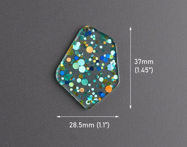 2 Geometric Charms in Pool Party, Mint Green, Blue and Gold, Colorful Confetti Dots, Clear Acrylic, 37 x 28.5mm