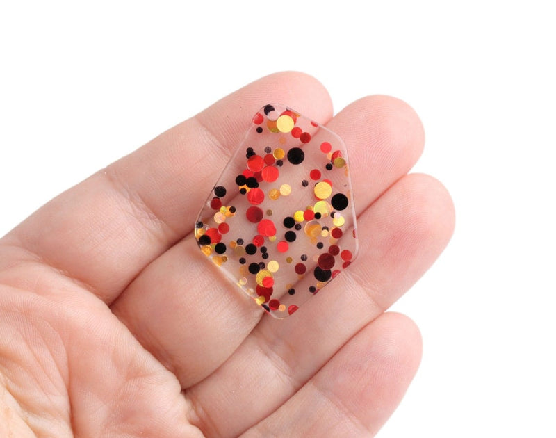 2 Geometric Charms in Red Carpet Gala, Red, Black and Gold, Multicolored Confetti Dots, Clear Acrylic, 37 x 28.5mm