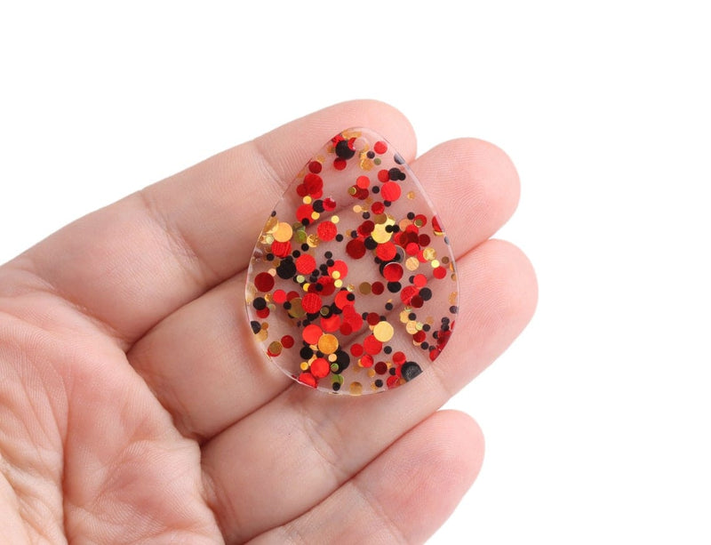 4 Large Teardrop Pendants in Red Carpet Gala, Red, Gold and Black, Multicolored Confetti Dots, Clear Acrylic Bead, 40 x 31.5mm
