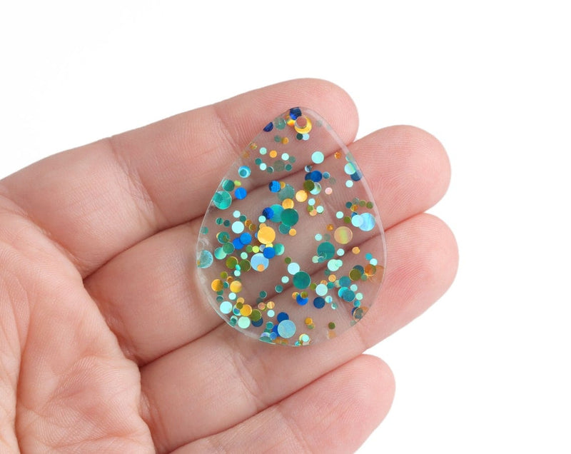 4 Large Teardrop Pendants in Pool Party, Mint Green, Blue and Gold, Multicolored Confetti Dots, Clear Acrylic Beads, 40 x 31.5mm