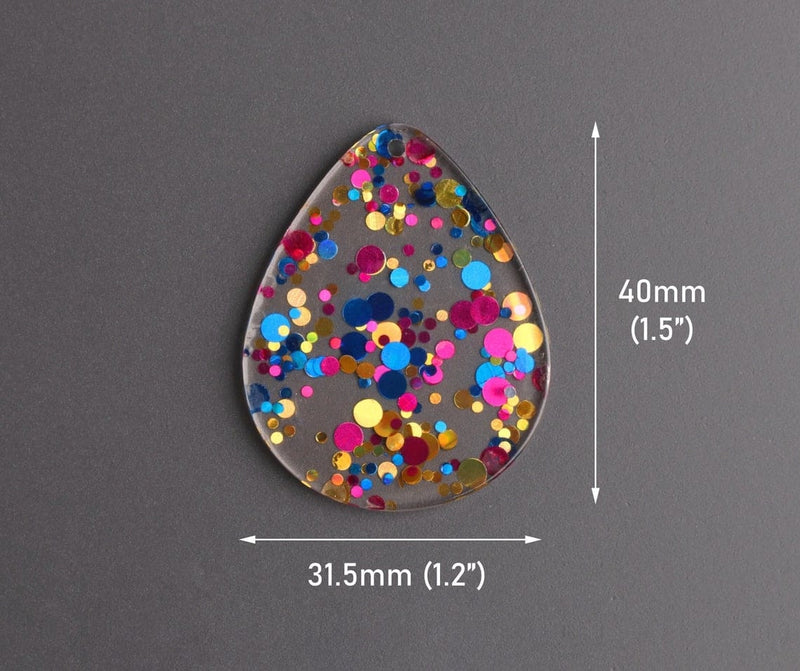 4 Large Teardrop Pendants in Cocktail Party, Pink, Gold and Blue, Colorful Confetti Dots, Clear Acrylic Bead, 40 x 31.5mm